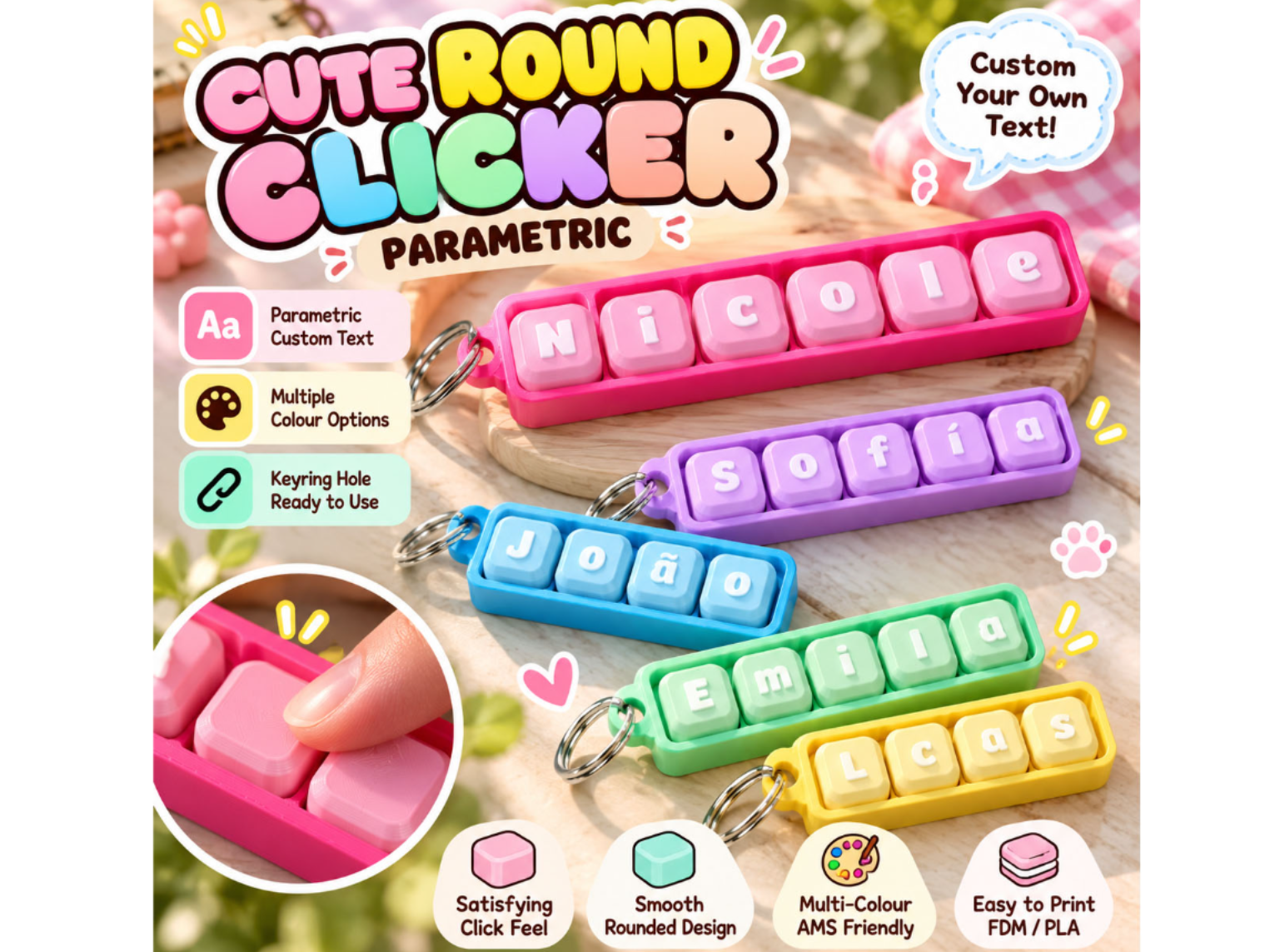 Parametric Soft Edge Clicker Keychain Name Fidget - 1