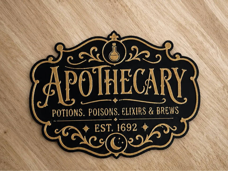 Letrero o emblema decorativo: Wizard Apothecary | Potions & Elixirs Sign. Referencia del modelo original.