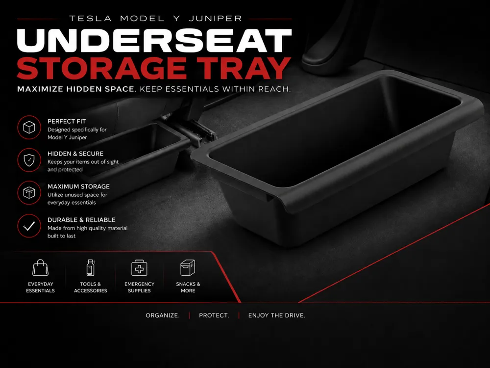 Organizador: Tesla Model Y Juniper Under-Seat Storage Tray. Referencia del modelo original.