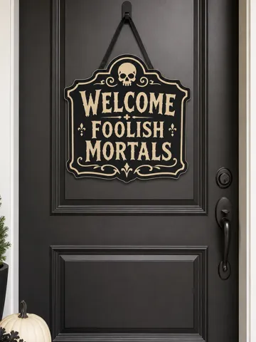 Letrero o emblema decorativo: "Welcome Foolish Mortals" Halloween Sign — vista de referencia 2