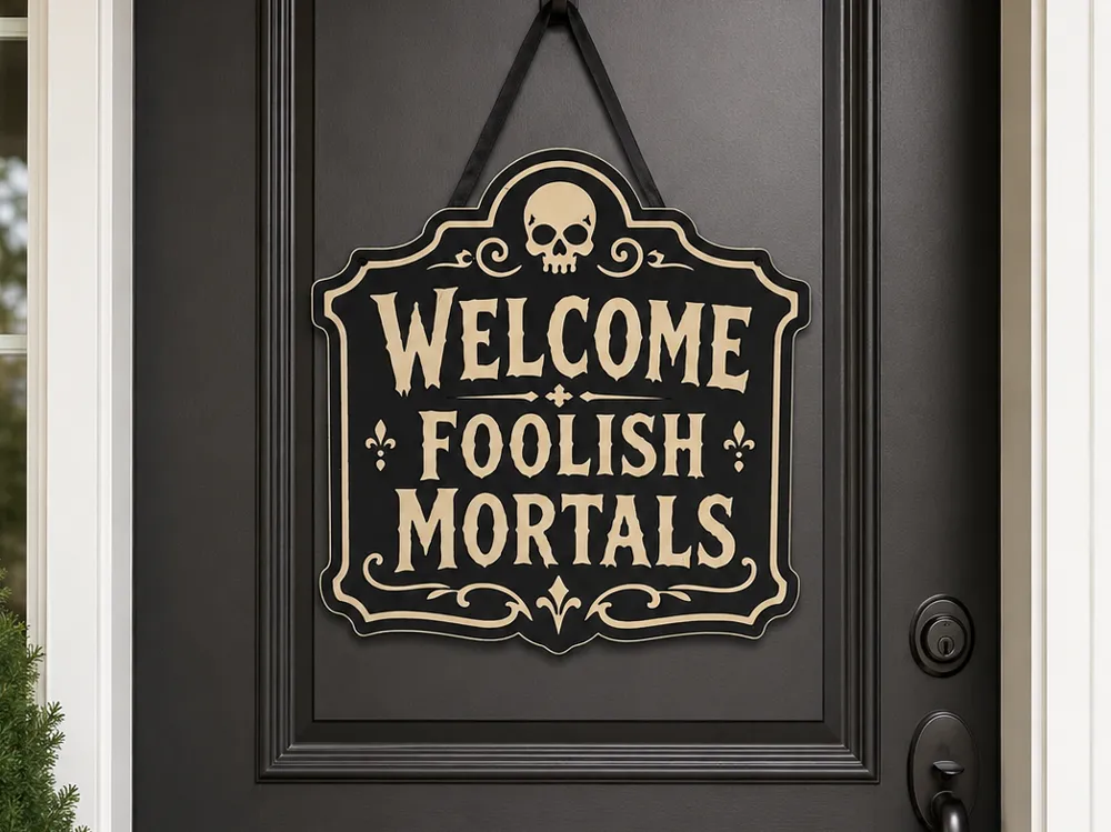 Letrero o emblema decorativo: "Welcome Foolish Mortals" Halloween Sign. Referencia del modelo original.
