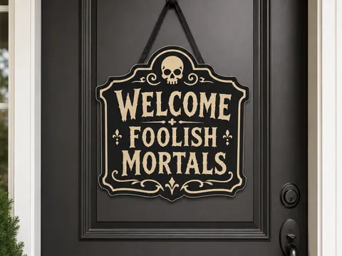 Letrero o emblema decorativo: "Welcome Foolish Mortals" Halloween Sign — referencia de MakerWorld