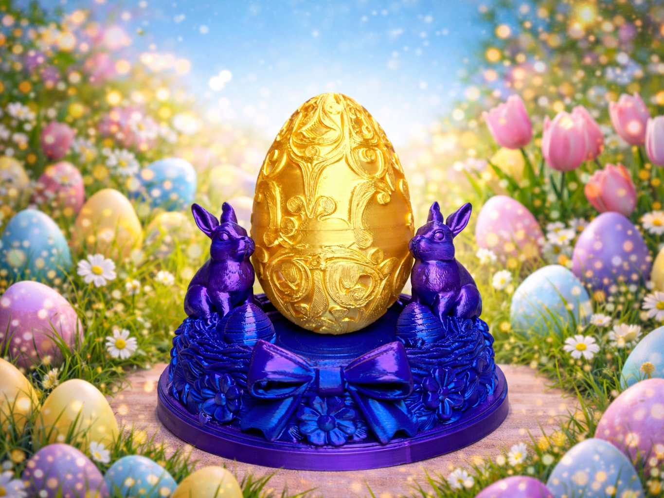 Threaded Golden Easter Egg with Bunny Display Base