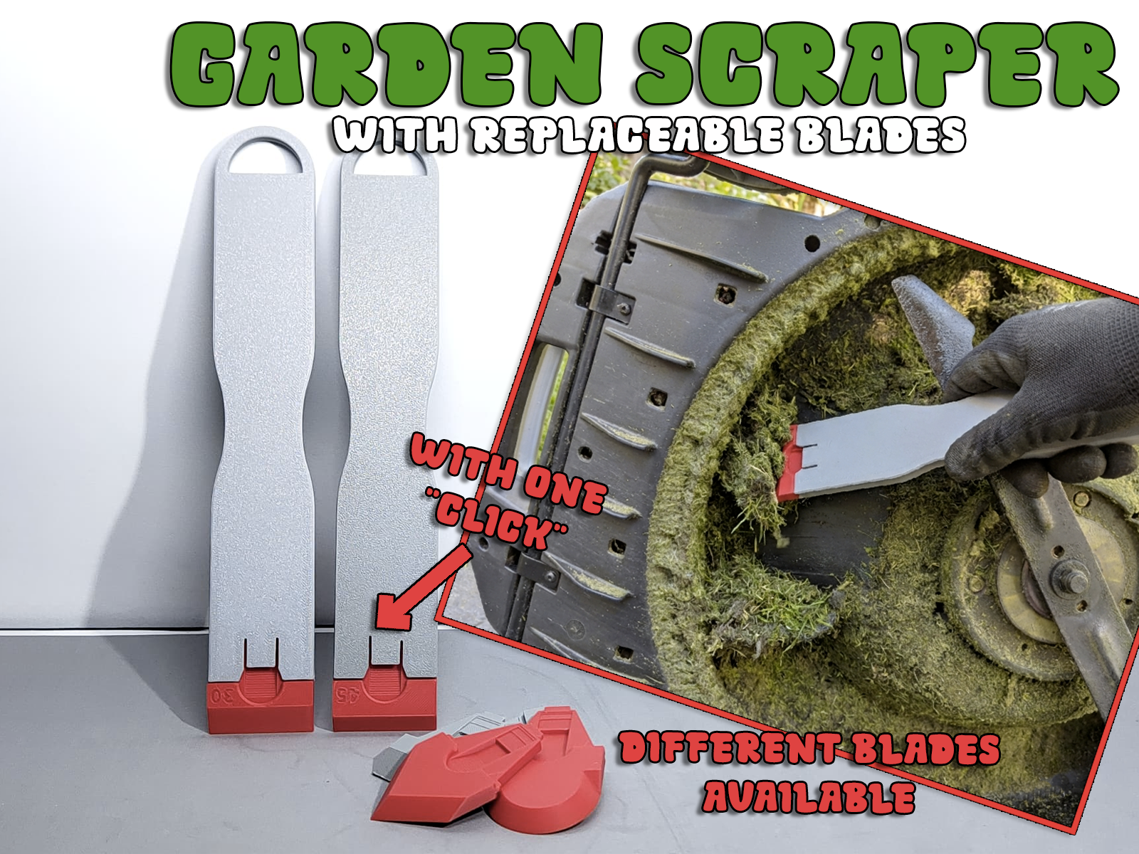 Lawnmower cleaning scraper with replaceable blades