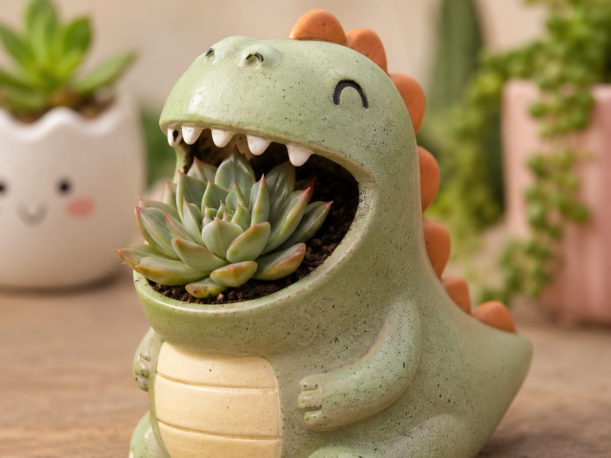 Vaso de flores e plantas divertido de dinossauro