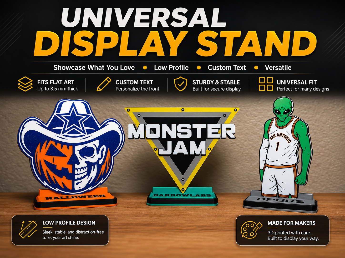Universal Low-Profile Display Stand |Editable Text