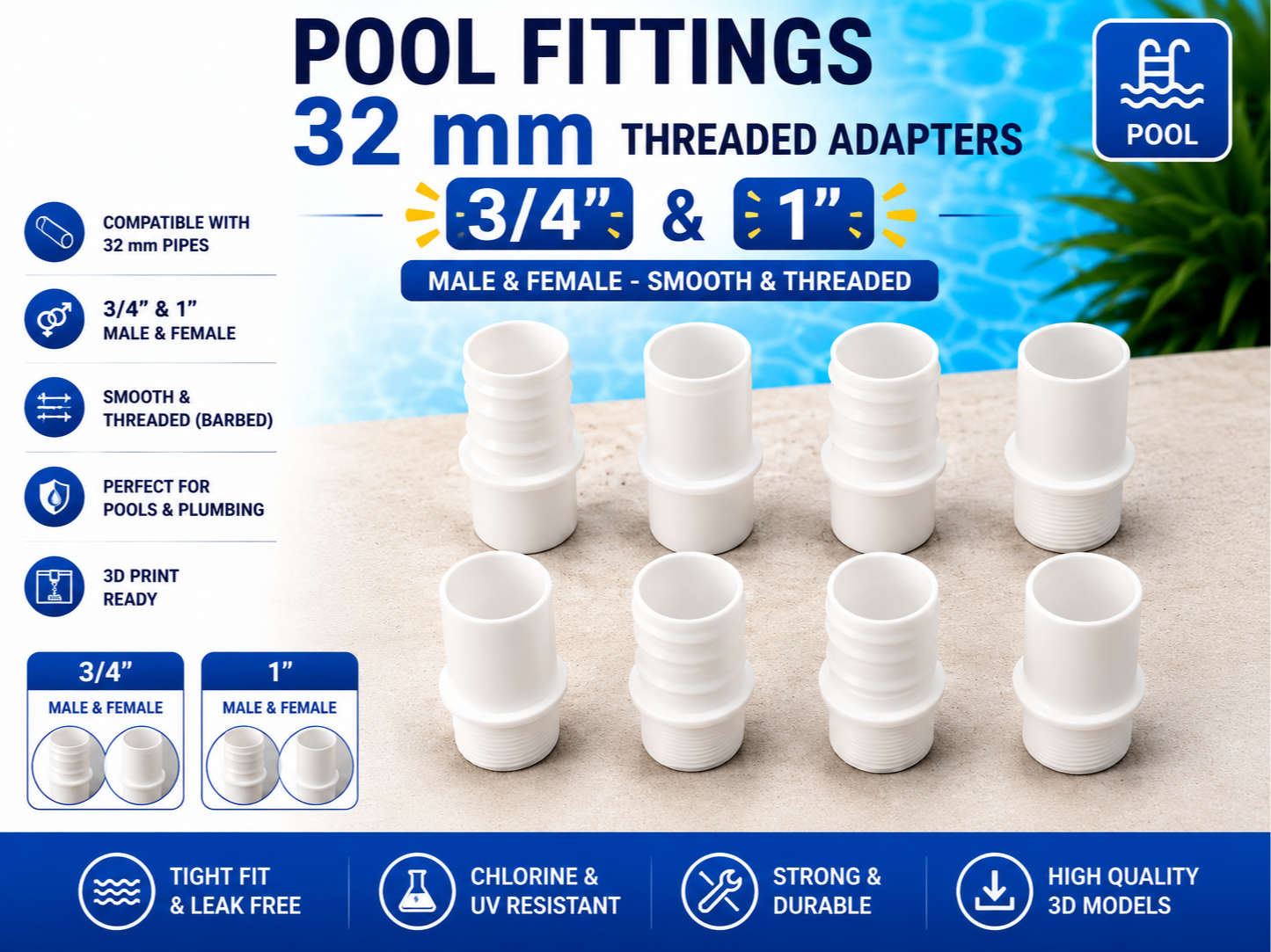 Pool Fittings  Hose 32mm 3/4'' & 1'' Set