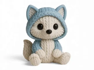 Knitted Fox Plush in Hooded Outfit