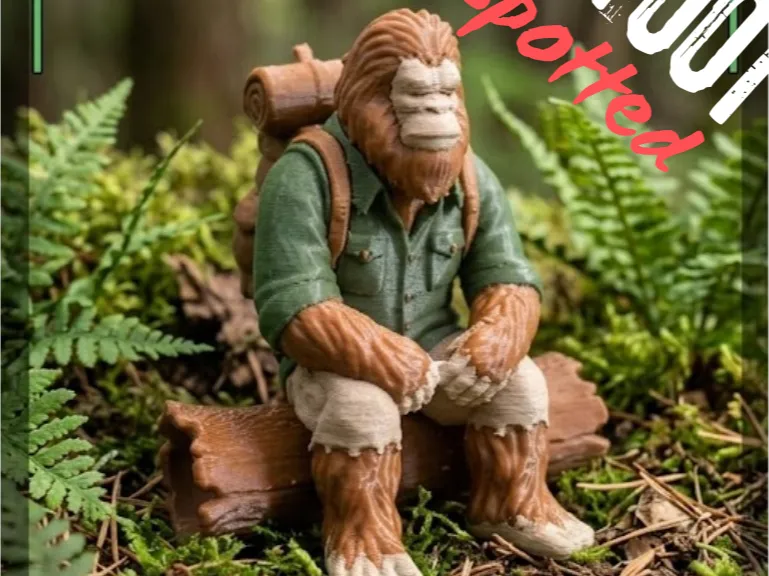Bigfoot seated on a log.