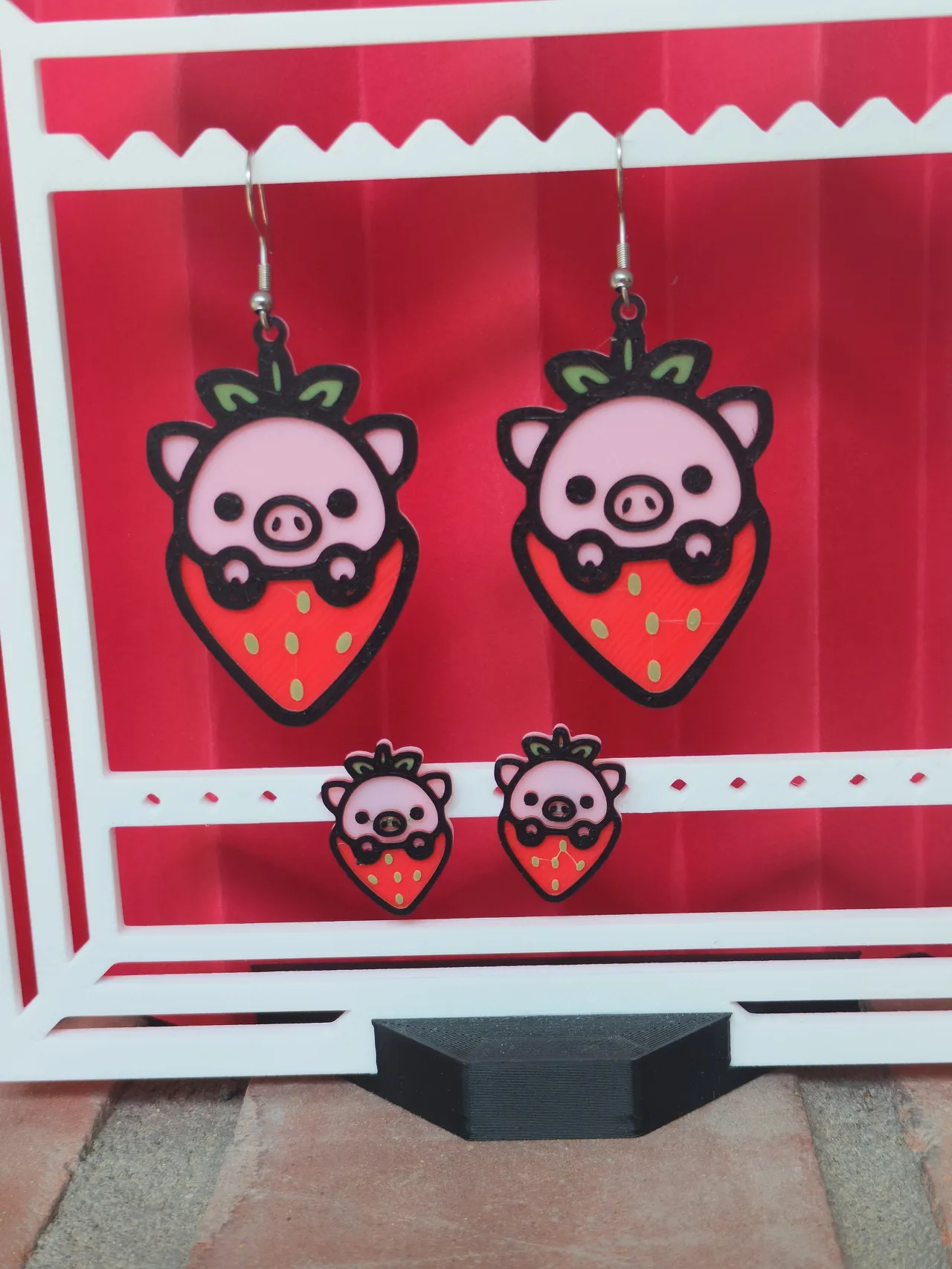Strawberry Piggy earrings - Pig & Fruit series view 2