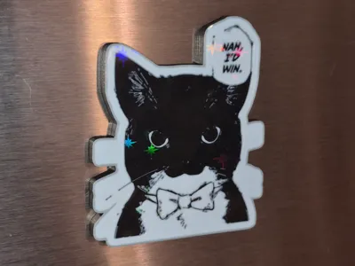 Nah, I'd win. Meme cat fridge magnet