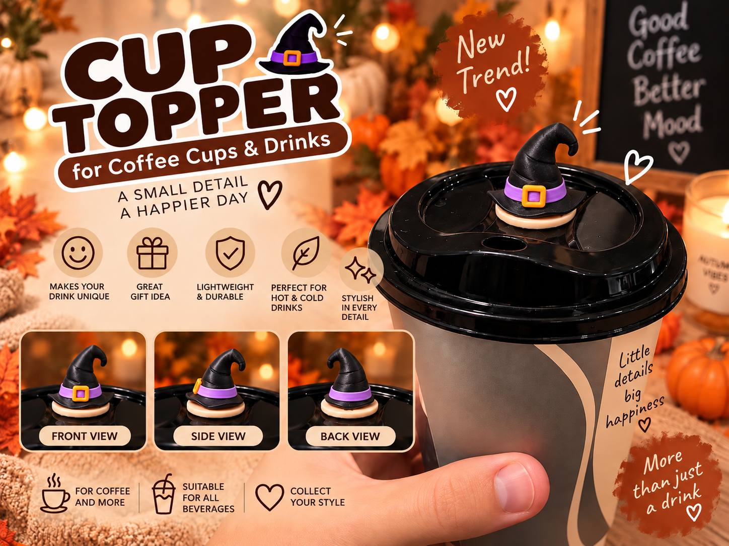Cute Witch Hat Coffee & Drink Cup Lid Topper - 1
