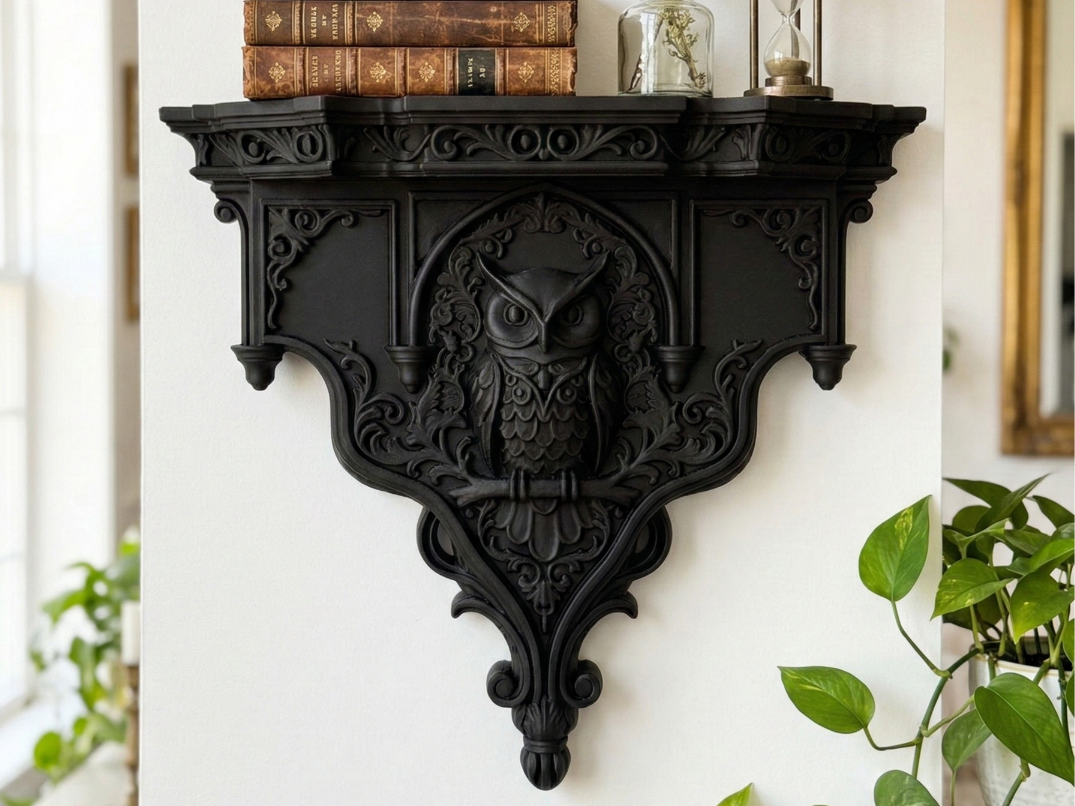 Gothic Guardian Owl Wall Shelf - Owl Altar