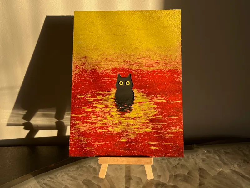 Black Cat in Sunset Light Oil Painting Style
