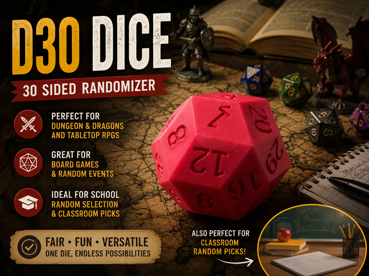 D30 Thirty-Sided Die | Board Game & RPG Dice