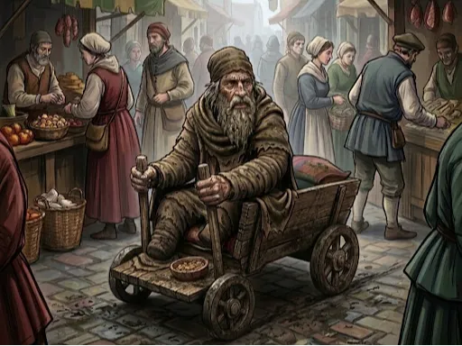 Homeless beggar on a cart 