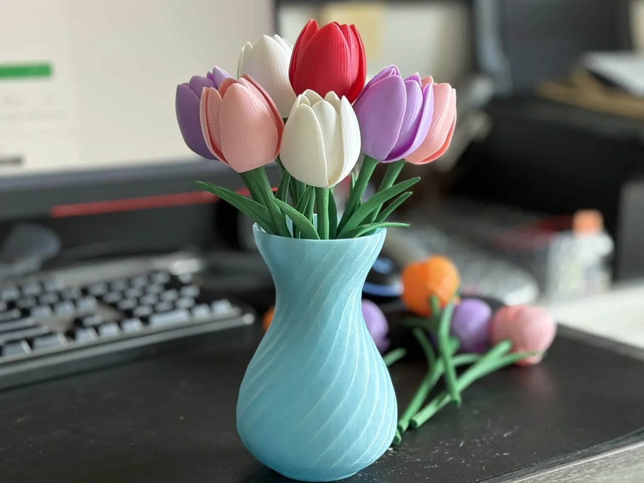 Tulip with stem and leaves view 2