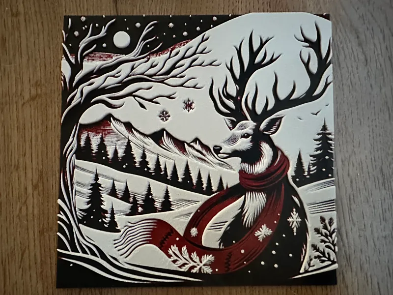 Hirsch mit Schal vor weihnachtlicher Landschaft 