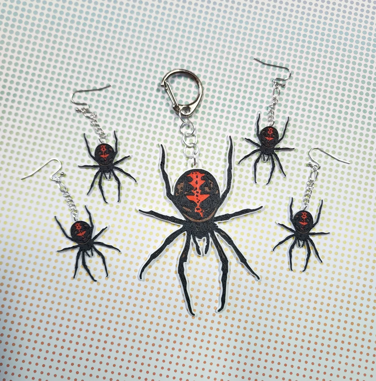 Australian Black Widow Spider Keychain & Earrings view 3