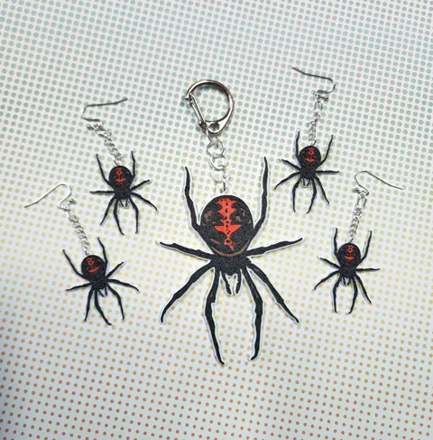 Australian Black Widow Spider Keychain & Earrings view 3