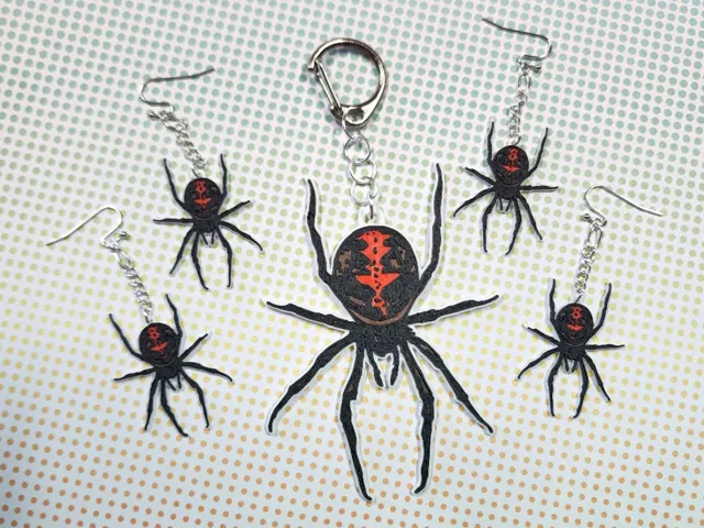 Australian Black Widow Spider Keychain & Earrings
