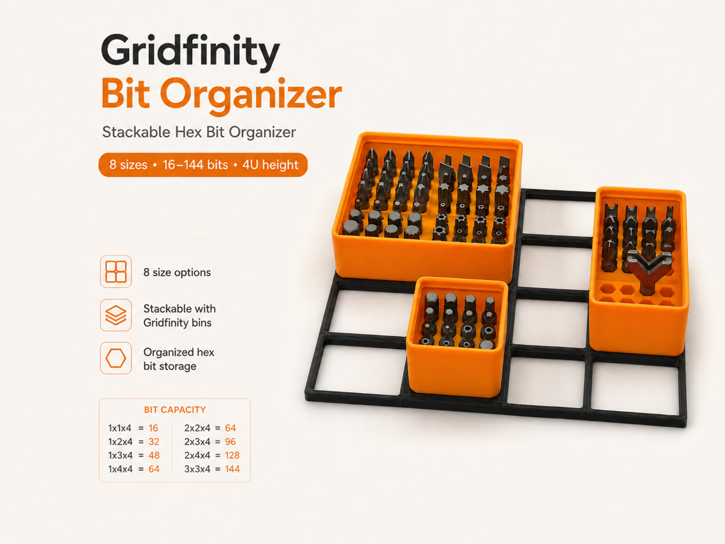 Gridfinity Stackable Hex Bit Organizer (8 sizes)