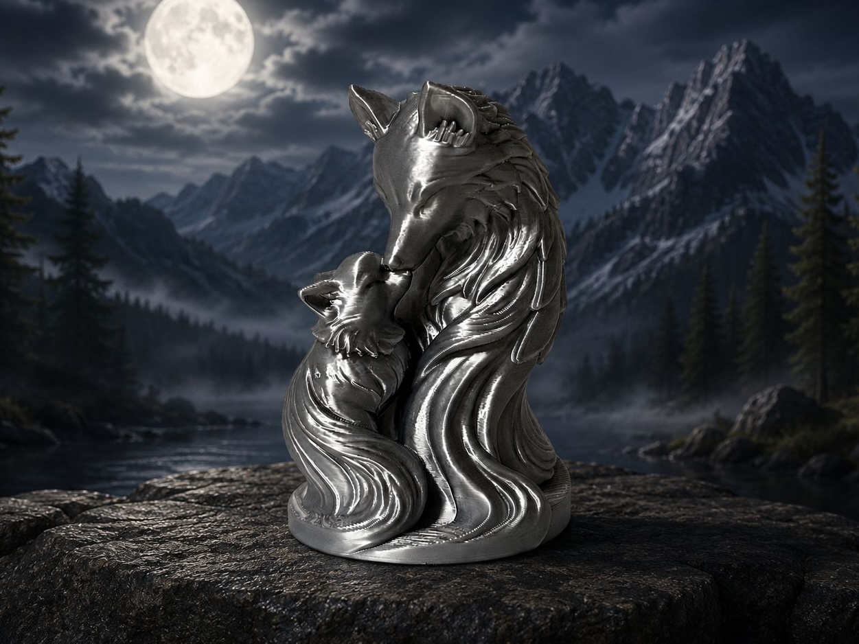 Moonlit Wolf Bond Wolf & Cub Sculpture
