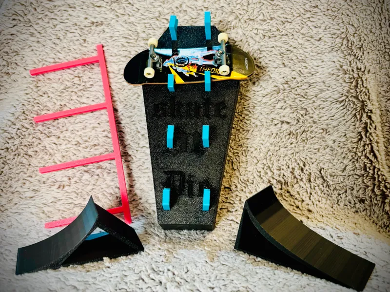 fingerboard coffin stand with ramp, rail, ledge 
