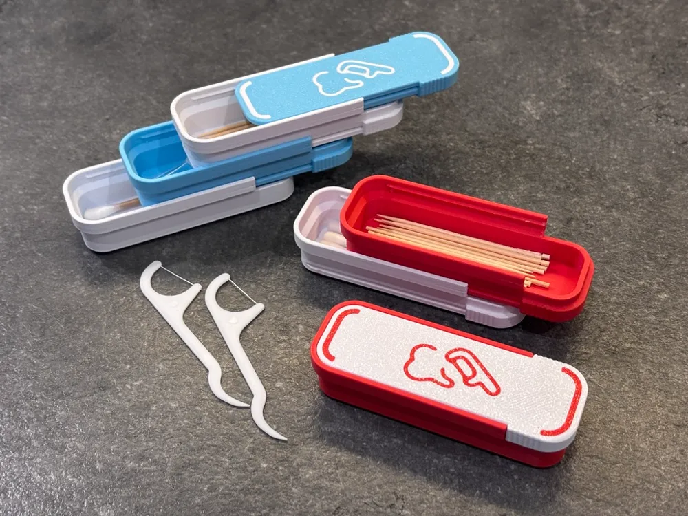 Caja o estuche: Pocket Travel Floss Toothpick & Swab stackable box. Referencia del modelo original.