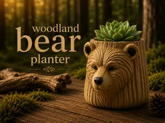Woodland Bear Planter - Rustic Wood Style