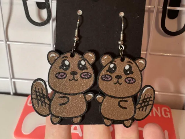Chibi Beaver Earrings-Hand Designed 2D Art Jewelry