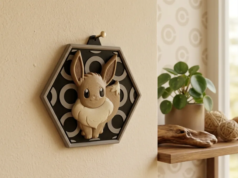 Letrero o emblema decorativo: HexaDex-Eevee (V2) Pokemon. Referencia del modelo original.