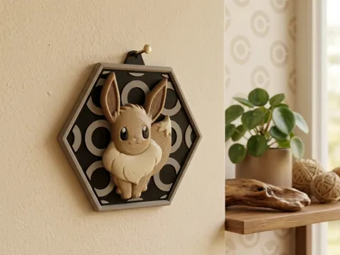 Letrero o emblema decorativo: HexaDex-Eevee (V2) Pokemon — referencia de MakerWorld