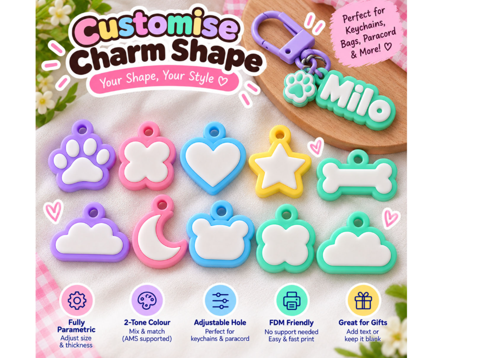 Parametric Custom Charm 10 Shapes 2 Tone Keychain - 3D printed Bags, in stock in India