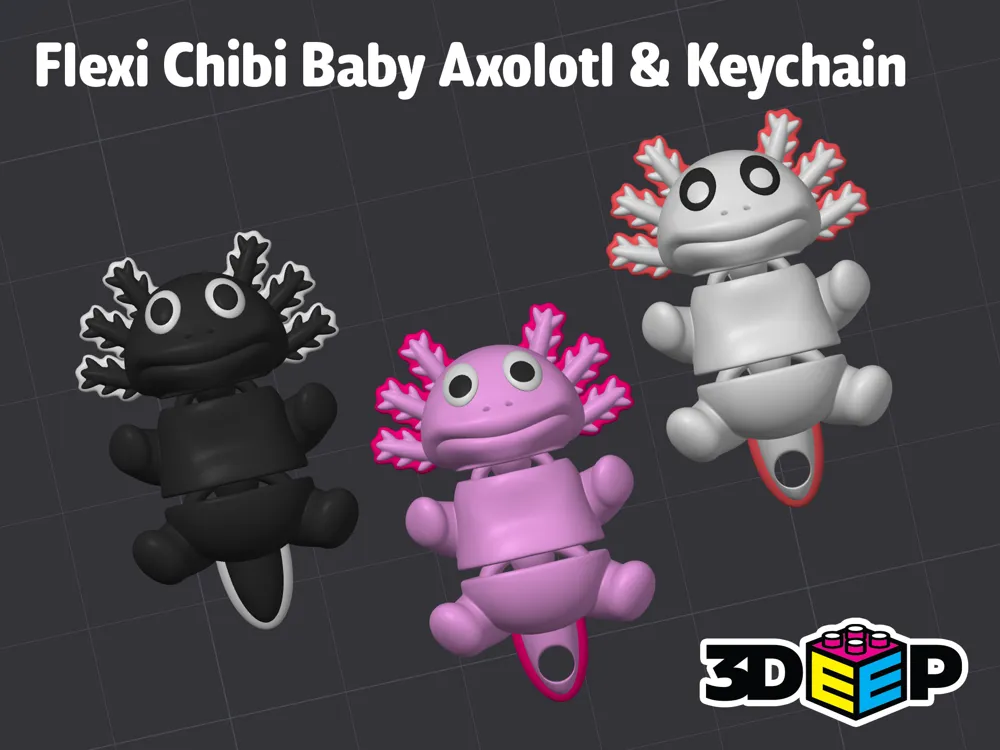 Flexi Chibi Baby Axolotl and Keychain No Supports - Free 3D Print