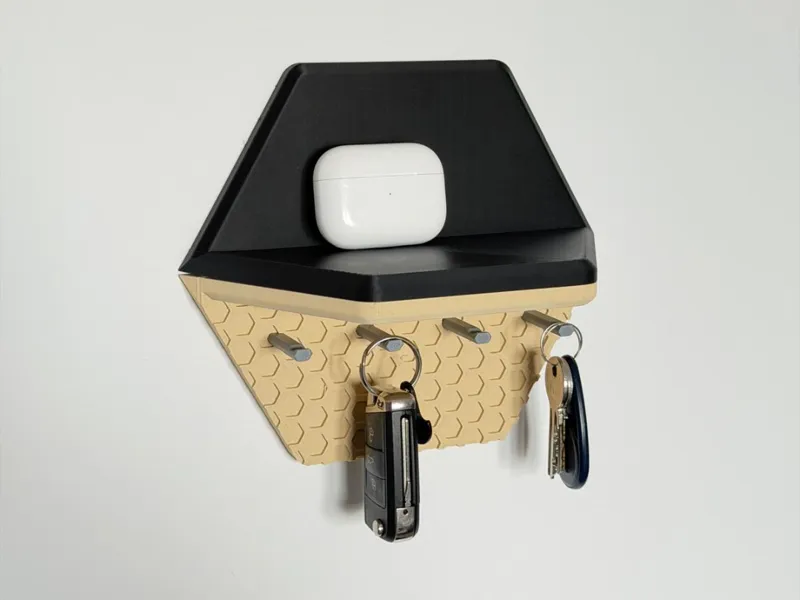 Modern Wall Key Holder with Shelf – Hex Pattern
