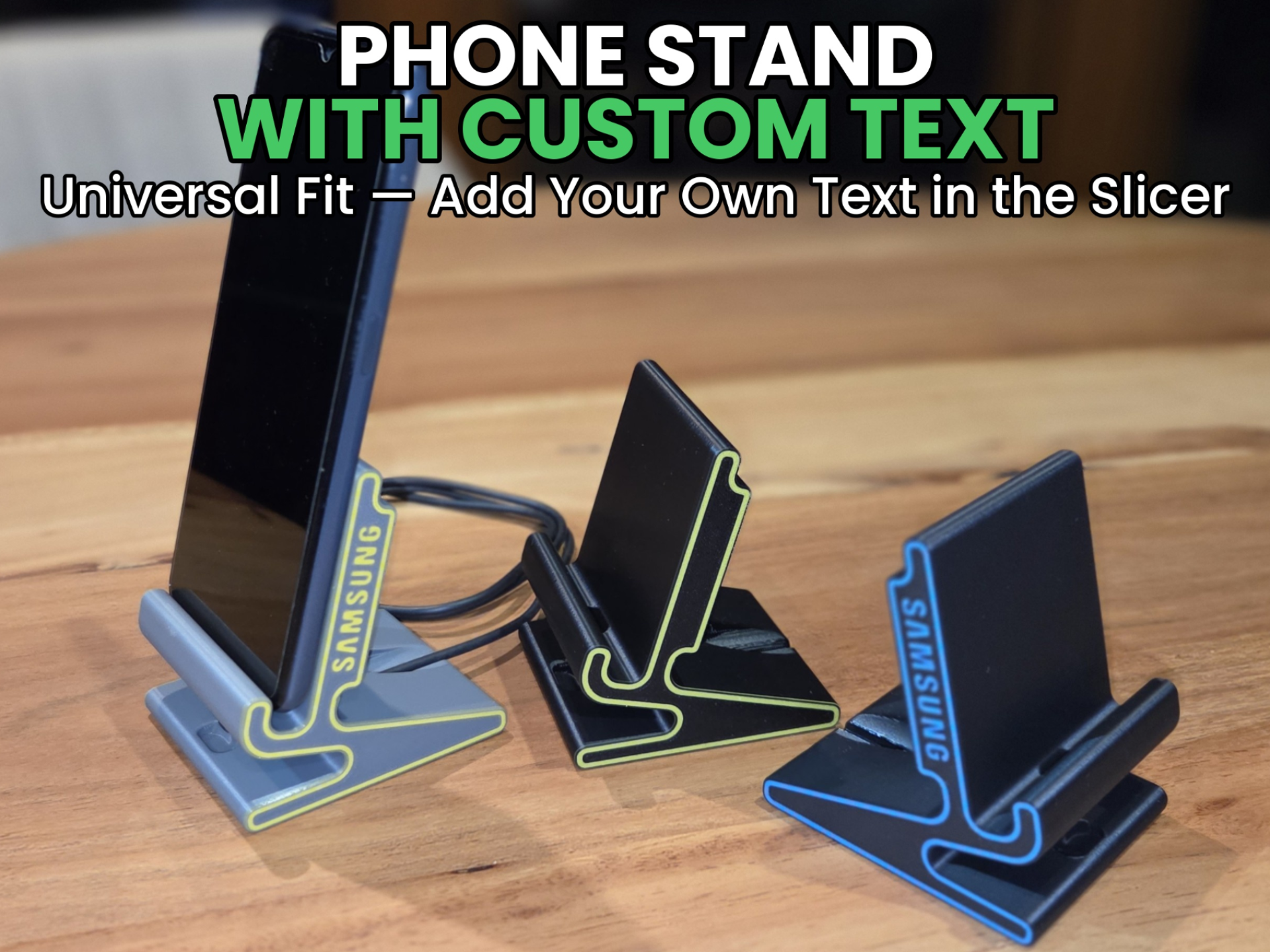 Phone Stand — Cable Pass-Through+Add Your Own Text 3D model
