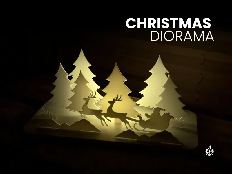 Christmas 3D glowing scene, Santa, Reindeer, Trees