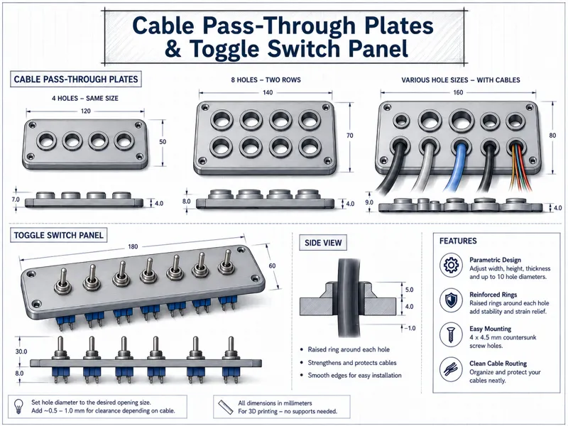 Cable pass through & Toggle switch Plates OpenSCAD