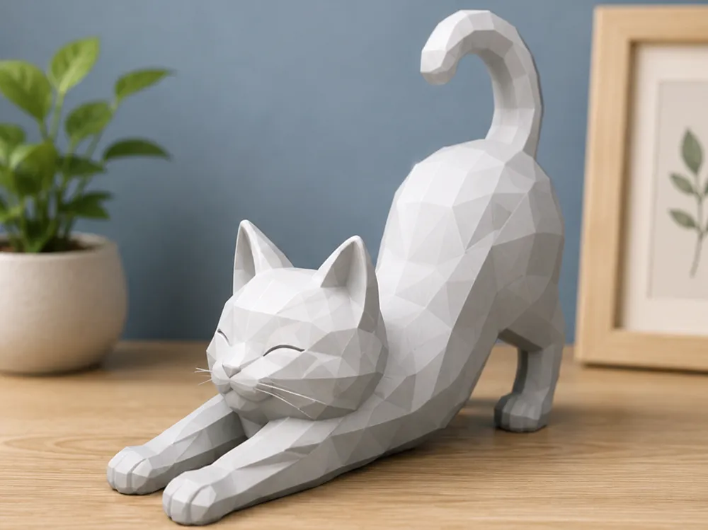 Tapa o cubierta: Low Poly Stretching Cat – Cute Cat Decor. Referencia del modelo original.