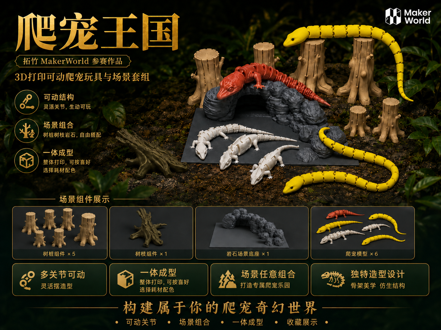 Miniatura 1 do modelo 3D 爬宠王国--可活动（Flexible）--玉米蛇与守宫与变色龙--装饰造景摆件--可商用