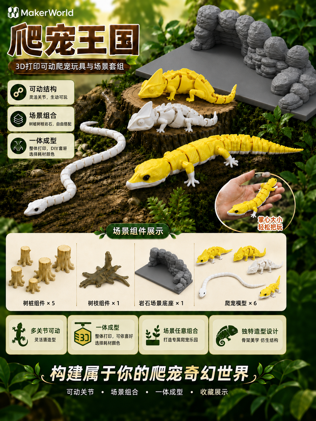 Miniatura 2 do modelo 3D 爬宠王国--可活动（Flexible）--玉米蛇与守宫与变色龙--装饰造景摆件--可商用