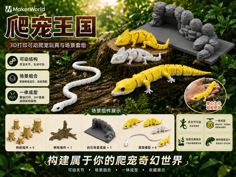 爬宠王国--可活动（Flexible）--玉米蛇与守宫与变色龙--装饰造景摆件--可商用