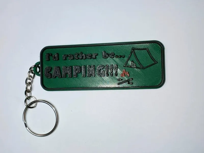 'I'd rather be camping' Keychain, Bordered 3 color