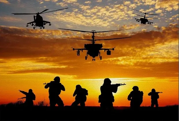 Sunset Soldiers Helicopters Hueforge