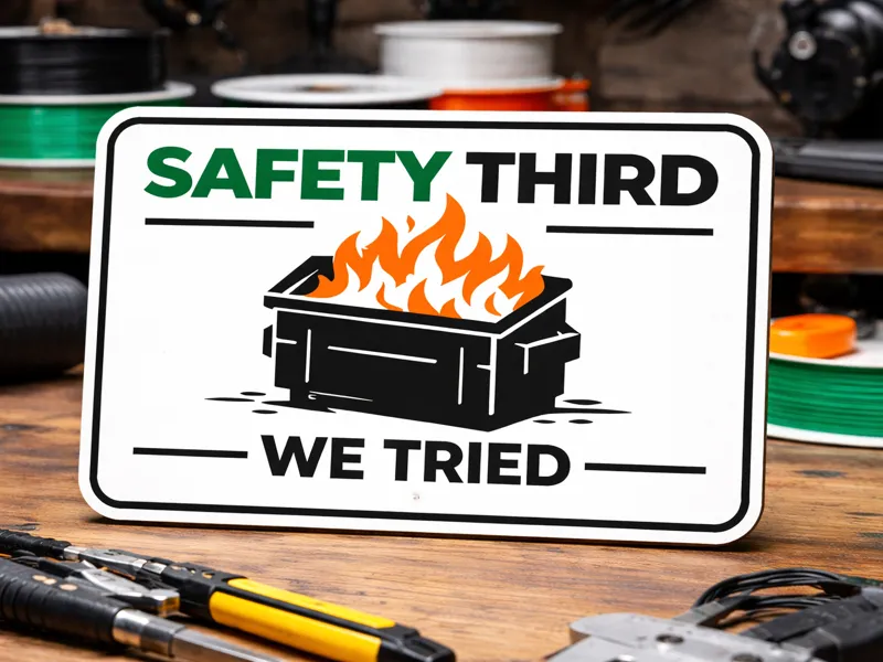 Safety Third – Dumpster Fire “We Tried” Funny Sign