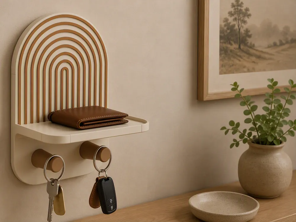 Estante o repisa: Japandi Entryway Organizer Shelf with Key Hooks. Referencia del modelo original.