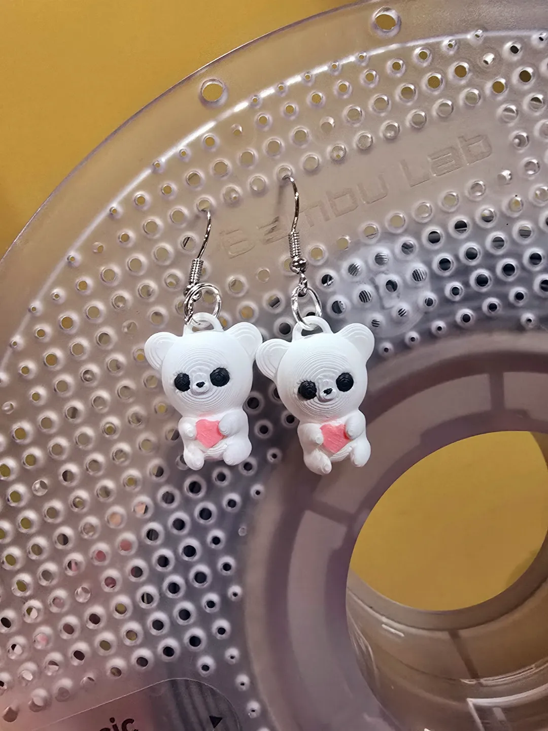 3D bear with heart earrings view 2