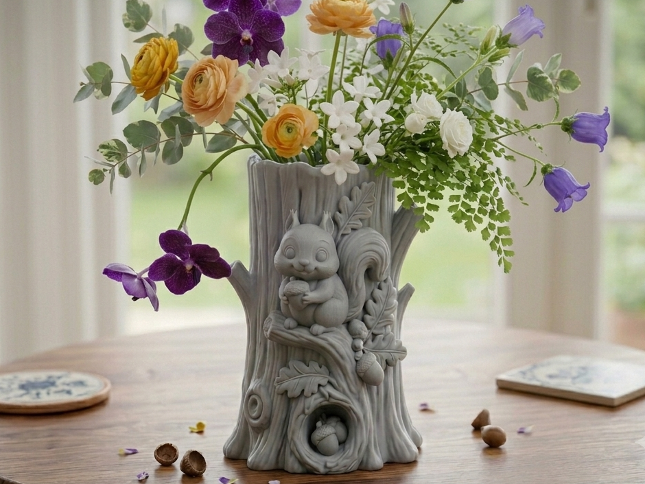 Enchanted Forest - Cute Squirrel Tree Stump Vase