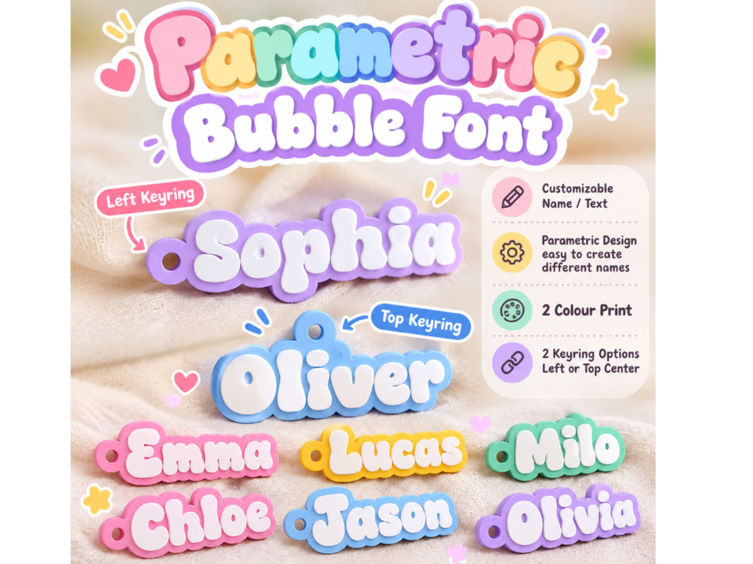 Parametric Retro Bubble Name Keychain Chunky Font 3D model